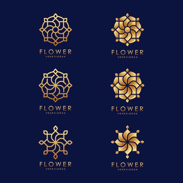 Minimalista elegante diseño de logotipo de flor dorada con concepto de arte lineal.