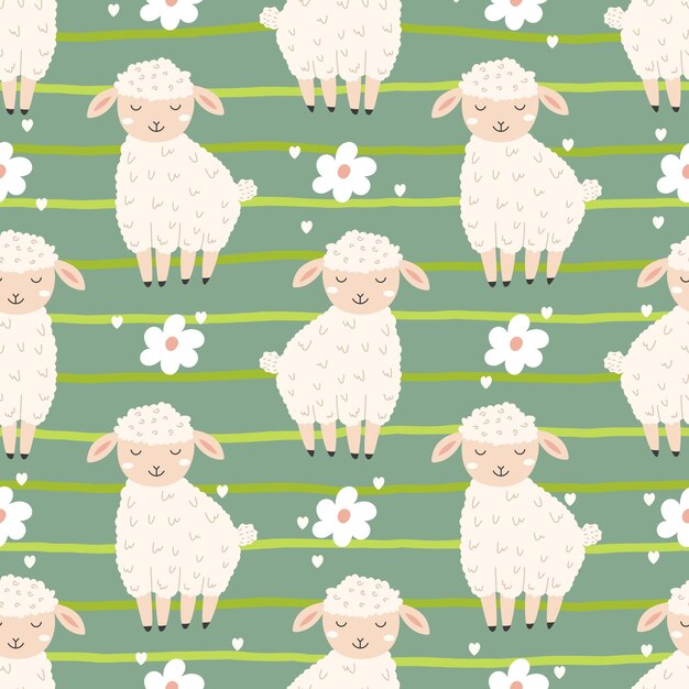 Minimalista y elegante patrón vectorial sin costuras ovejas esponjosas y flores inspiradas en la naturaleza