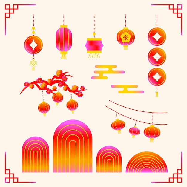 Minimalista Gradiente Vectorial de Año Nuevo Chino Set Ilustración de Linternas Nube Flor Árbol Partición