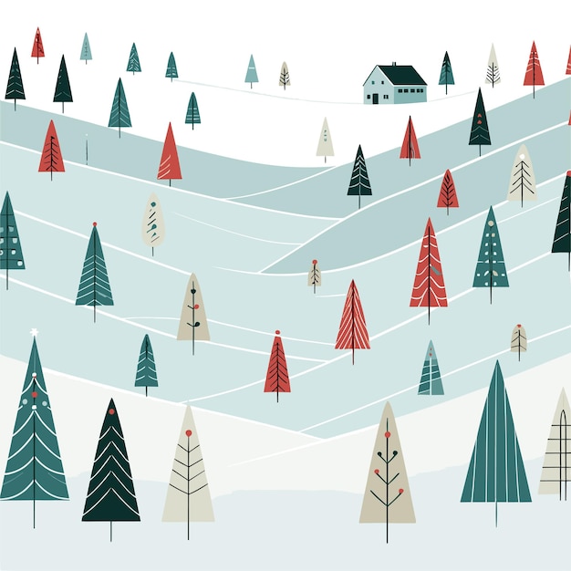 Minimalista granja de árboles de Navidad colinas onduladas con filas de simples