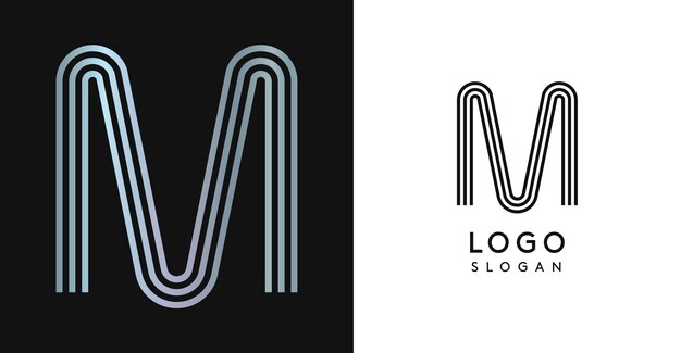 Minimalista letra a rayas m tres líneas monograma brillante lujoso brillo metálico logotipo de color para