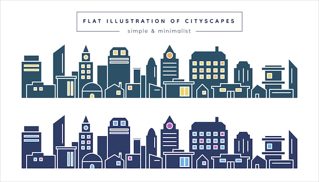Minimalista Línea plana Paisaje urbano Icon Set Horizonte urbano Ciudad moderna y arte de la línea arquitectónica