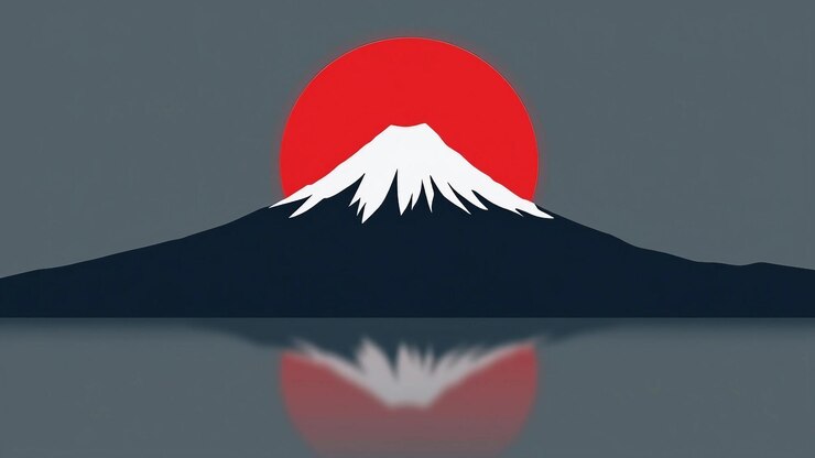 Vector minimalista monte fuji con sol rojo y reflejo