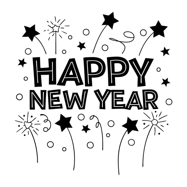 Minimalista Negro y Blanco Feliz Año Nuevo Diseño de tipografía con estrellas