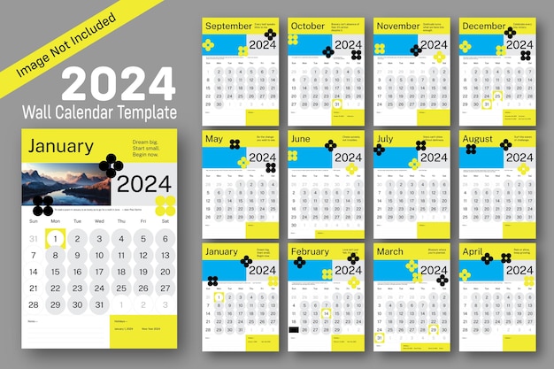 Minimalista plantilla de calendario de pared 2024 planificador de calendario de pared amarillo 2