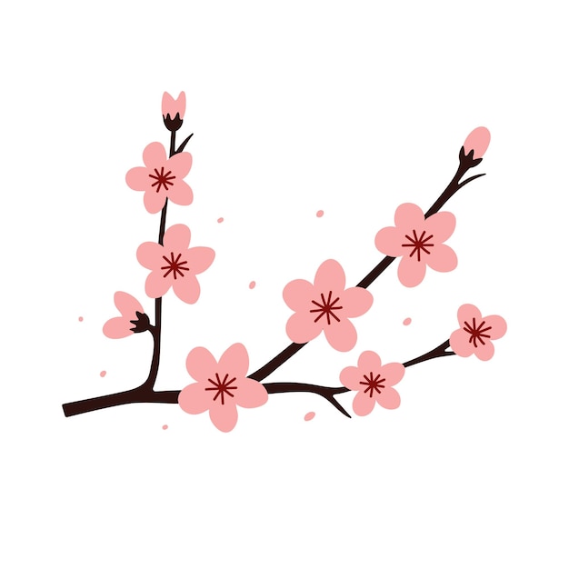 Minimalista rama de flor de cerezo con flores rosadas sobre un fondo blanco Diseño plano simple para impresiones textiles papeles de pared y proyectos digitales Ilustración floral japonesa elegante y delicada