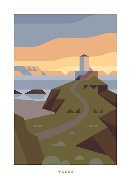 Minimalista Vector Poster de Viaje Gales Twr Mawr Faro Gran torre Rocas costeras y océano