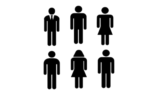Minimalistas figuras humanas en blanco y negro Género y icono profesional Conjunto de arte vectorial