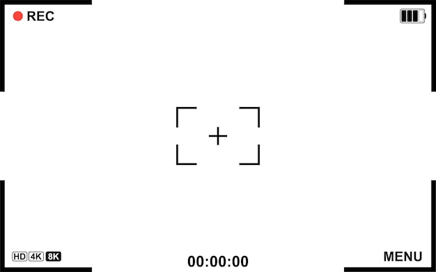 Minimalistic camera viewfinder interface designed for video recording overlays Includes REC indicator frame markers timer resolution icons ISO menu and digital UI elements