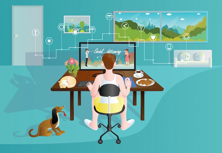 Vector ministerio del interior trabajando en casa por diseñador gráfico moderno piso.