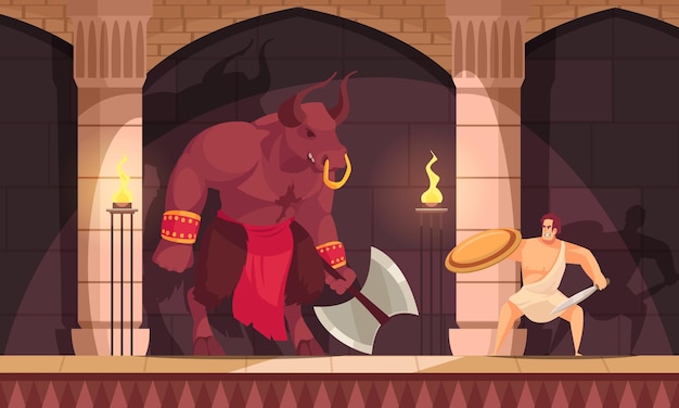 Minotauro luchando con la ilustración plana Teseo