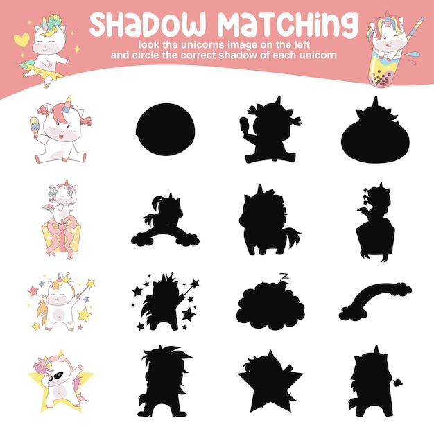 Mira la imagen del unicornio a la izquierda y rodea la sombra correcta de cada unicornio