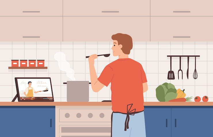Vector mira la receta en video. hombre cocinando en la cocina con cursos de chef en línea. preparación de alimentos por tutorial, aprendizaje a distancia en el concepto de vector de casa. carácter cocinar verduras con guía en tableta