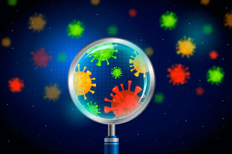Vector mirada de células de coronavirus realista a través de una lupa - fondo