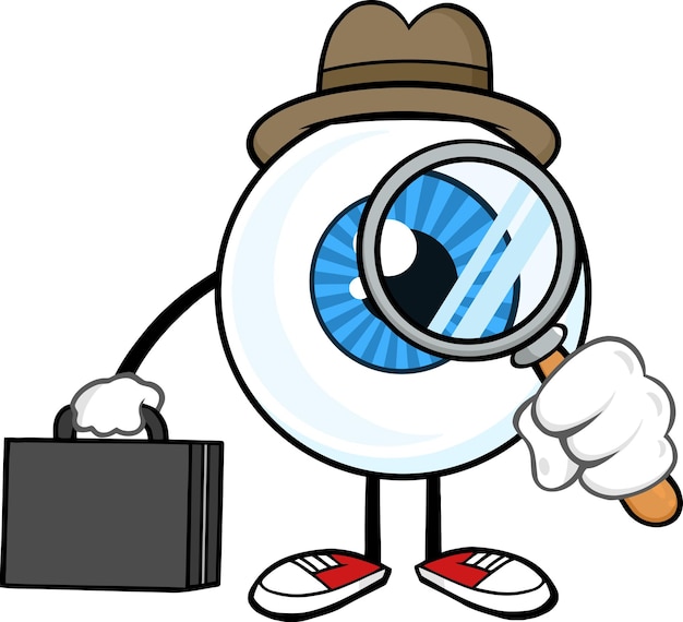 Mirada de personaje de mascota de dibujos animados de detective de globo ocular con una lupa