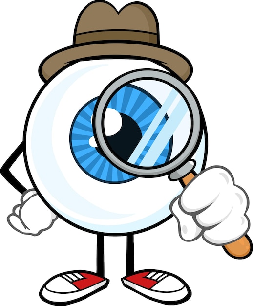 Mirada del personaje de la mascota de la historieta del detective del globo ocular con una ilustración del vector de la lupa