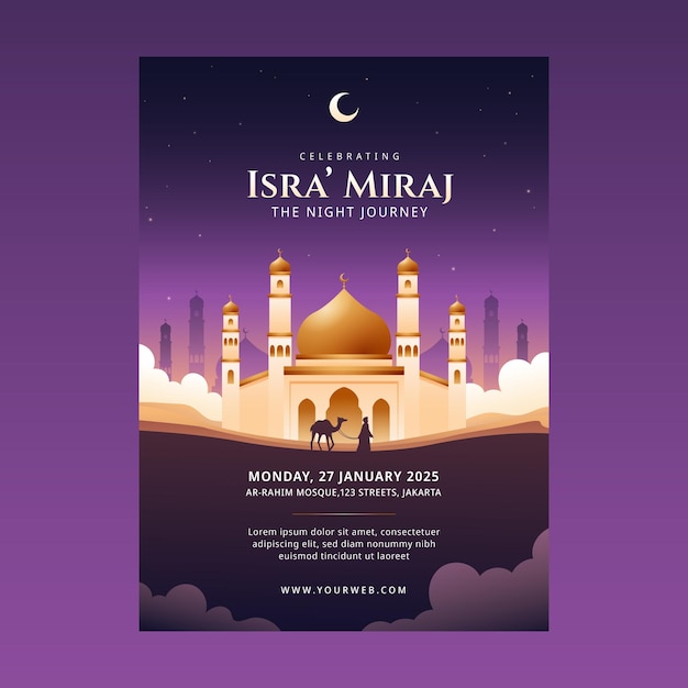 Miraj el cartel de viaje nocturno con mezquita y silueta de camello en estilo gradiente