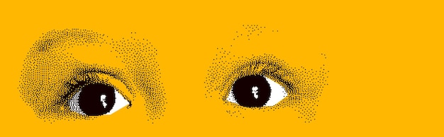 Mirando los ojos abstracción vectorial de estilo de diseño punteado de 8 bits, elemento de diseño estilizado de rostro humano, colores negro y amarillo.