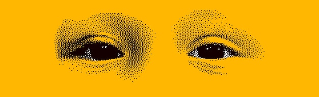 Vector mirando los ojos abstracción vectorial de estilo de diseño punteado de 8 bits, elemento de diseño estilizado de rostro humano, colores negro y amarillo.