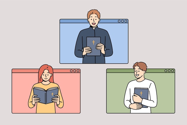 Misa en línea de sacerdote leyendo la Biblia con creyentes mirando por las ventanas de la computadora