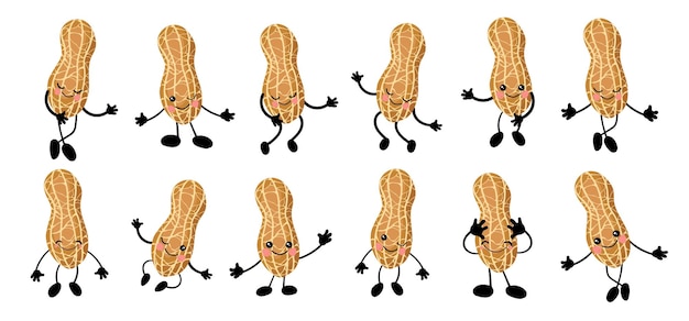 Miseria. un gran conjunto de personajes de Cute Nuts con manos y ojos. Fruta o verdura de dibujos animados. Útil