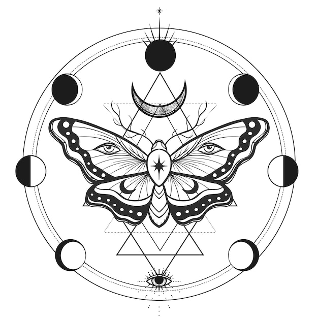 Misterio brujería ocultismo y alquimia signo de tatuaje Símbolo de líneas finas de geometría mística con mariposa y planetas