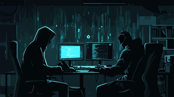 Vector misteriosos hackers en la habitación oscura ilustración vectorial