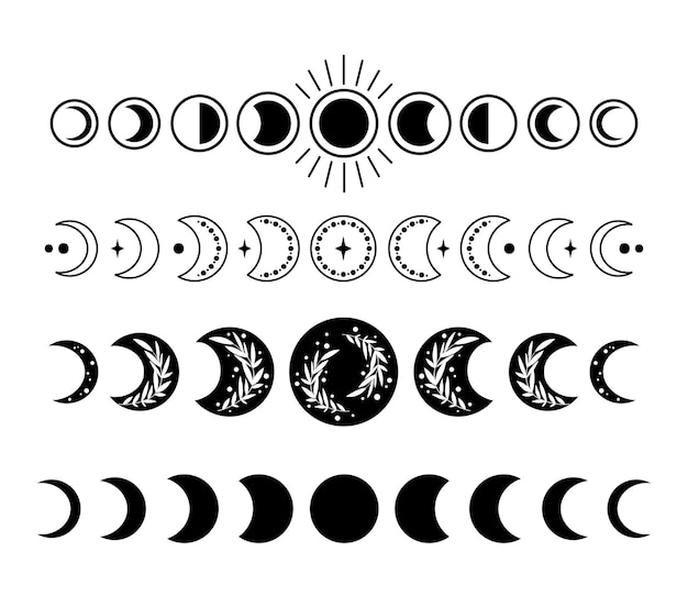 Vector místico boho fases de la luna aislado cliparts paquete fase celeste de la luna set vector