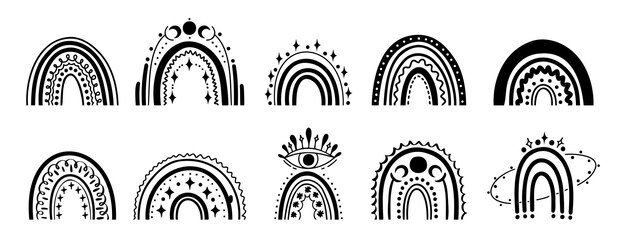 Místico boho magia arco iris garabateo aislado clipart arcoirísmo negro y blanco colección celestial