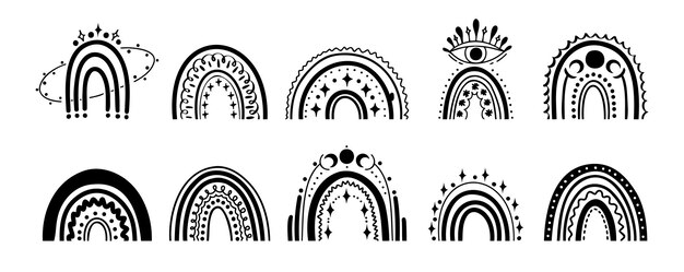 Místico boho magia arco iris garabateo aislado clipart arcoirísmo negro y blanco colección celestial