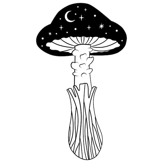 Un místico hongo agarico de mosca ilustrado en un encantador estilo de garabateo en blanco y negro