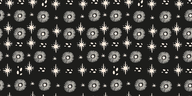 Místico patrón vectorial lineal en blanco y negro sin costuras con elementos mágicos dibujados a mano sol estrellas