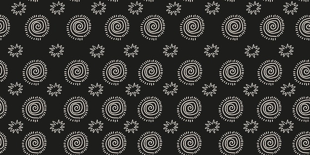 Místico patrón vectorial lineal en blanco y negro sin costuras con elementos mágicos dibujados a mano sol estrellas
