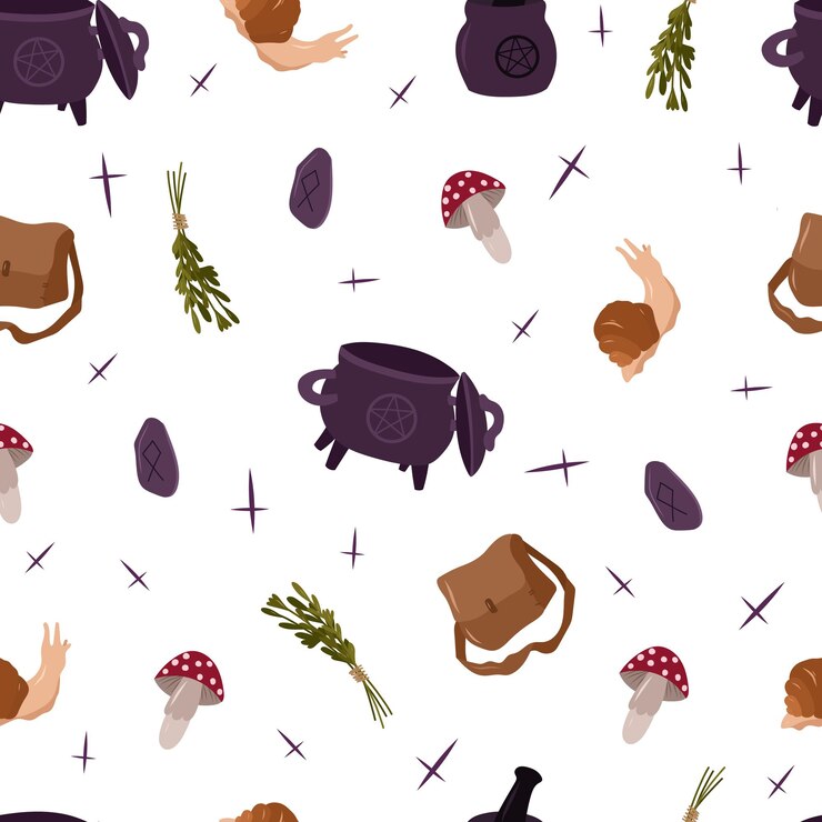 Vector mistyc de patrones sin fisuras con elementos de diseño de brujería: hongo, hierbas, bolso, bombín. ilustración de dibujado a mano de vector.