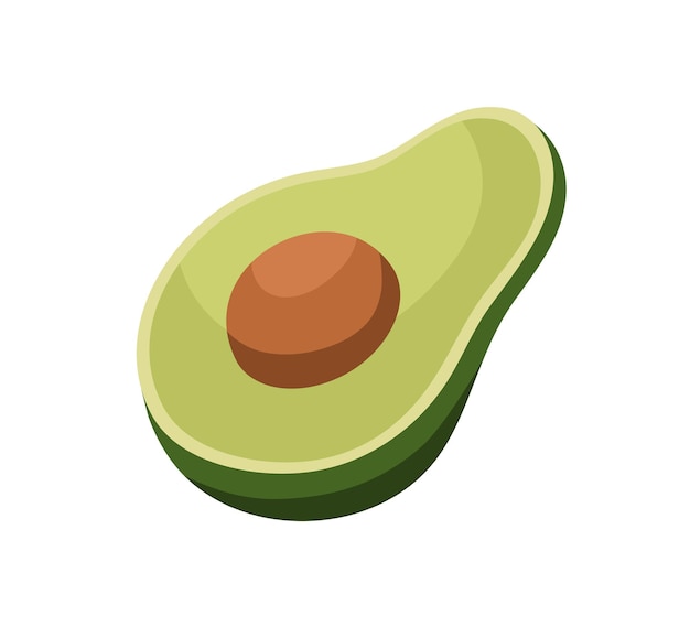 Mitad de aguacate, núcleo. Fruta cortada vegetariana saludable con hoyo. Sección transversal de verdura con semilla. Alimentación natural orgánica fresca, nutrición. Ilustración de vector de dibujos animados plana aislada sobre fondo blanco.