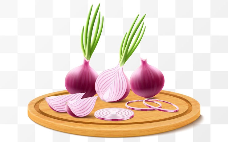 Vector la mitad entera y las rebanadas de cebolla fresca en una tabla de corte conjunto de cebolla roja madura con pluma verde aislada sobre un fondo transparente alimentos saludables vegetales naturales ilustración vectorial 3d realista