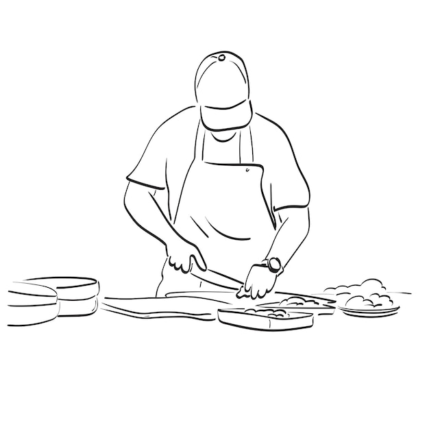la mitad de la longitud de un chef masculino haciendo una ilustración de comida vector dibujado a mano aislado en blanco