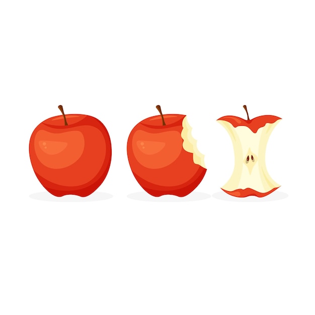 Mitad mordida completa de manzana y peeper de manzana conjunto de iconos de dibujos animados ilustración vectorial en estilo moderno