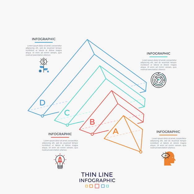 La mitad de la pirámide acostada de lado dividida en 4 partes, símbolos lineales y cuadros de texto. concepto de cuatro elementos de desarrollo empresarial. plantilla de diseño de infografía simple. ilustración de vector moderno.