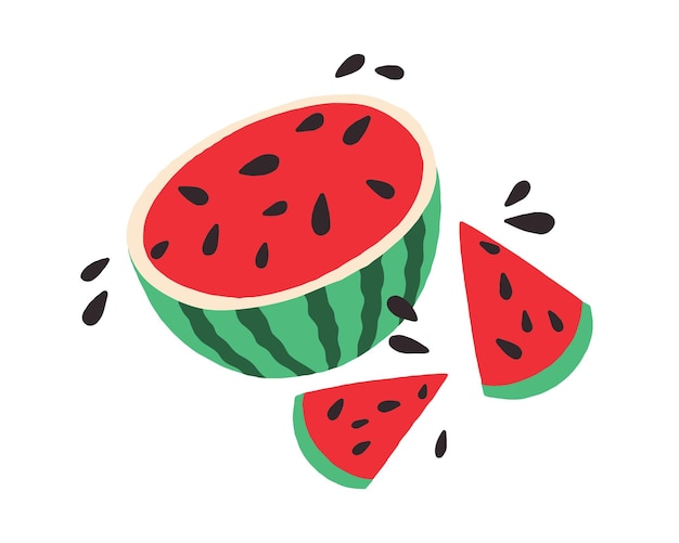 La mitad de la sandía con rodajas y semillas. Fruta de verano jugosa brillante. Ilustración de vector plano coloreado aislado sobre fondo blanco.
