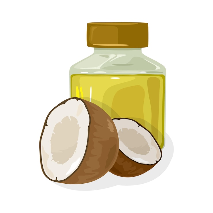 Vector las mitades de coco fresco están cerca del frasco transparente cerrado por la tapa