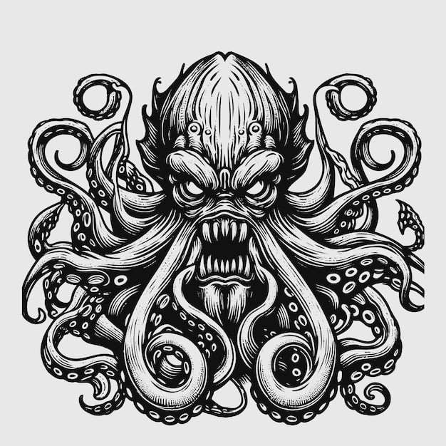 El mítico monstruo pulpo vector de diseño de tatuaje negro