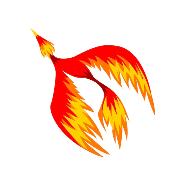 Vector el mítico pájaro volador del fénix en llamas ilustración aislada sobre un fondo blanco