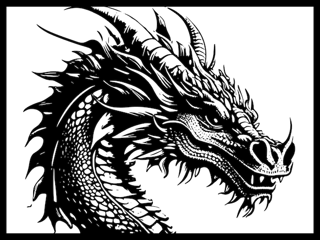 Mito animal cabeza de dragón en estilo de grabado de lino grabado en madera fondo blanco y negro