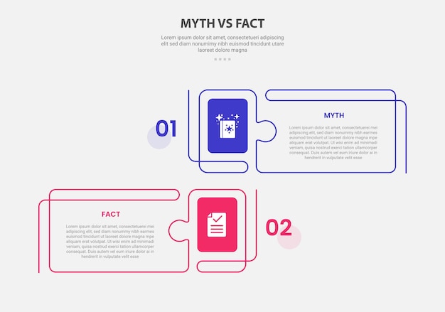 Mito vs hechos estilo de esquema infográfico con plantilla de comparación de 2 puntos con caja rectangular creativa con estilo de rompecabezas para presentación de diapositivas