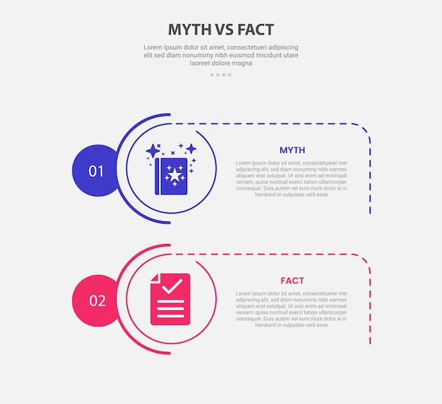 mito vs hechos estilo de esquema infográfico con plantilla de comparación de 2 puntos con pila de círculos creativos vertical para presentación de diapositivas