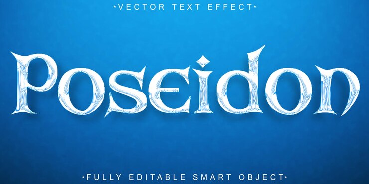 Vector mitología azul poseidón dios del mar vector objeto inteligente totalmente editable efecto de texto