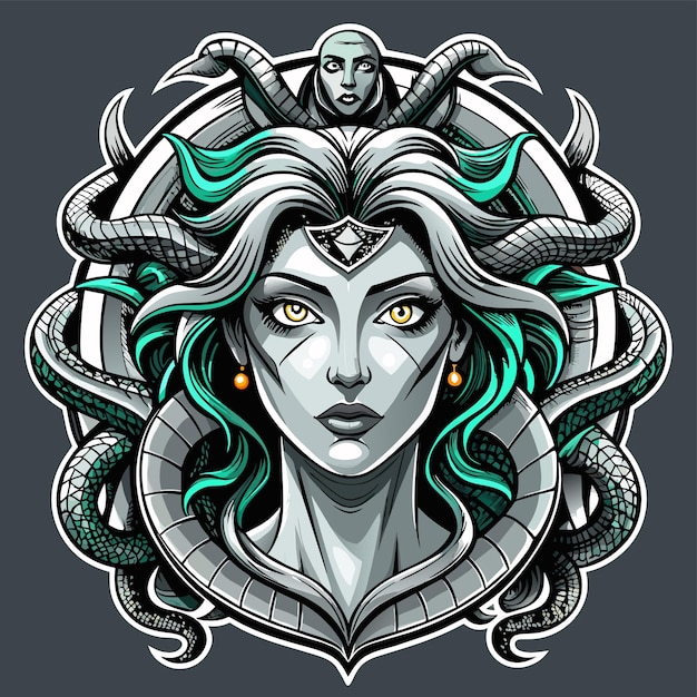 Mitología griega medusa dibujado a mano personaje de dibujos animados pegatina icono concepto ilustración aislada