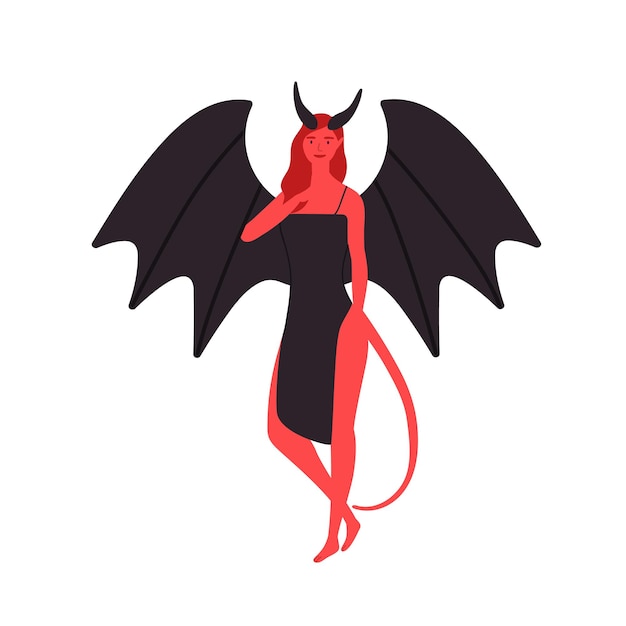 Mitología sonriente niña alada súcubo vector ilustración plana. Caricatura mítica criatura con cuernos dama aislada sobre fondo blanco. Hermosa mujer de fantasía diablo rojo con vestido negro.
