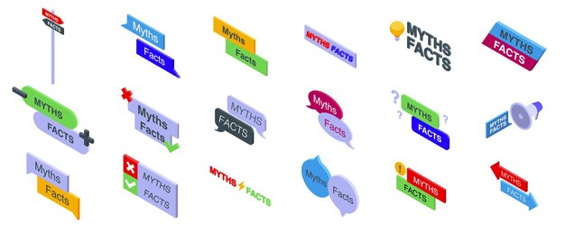 Mitos hechos iconos conjunto Mitos vs hechos icono conjunto separando la verdad de la ficción